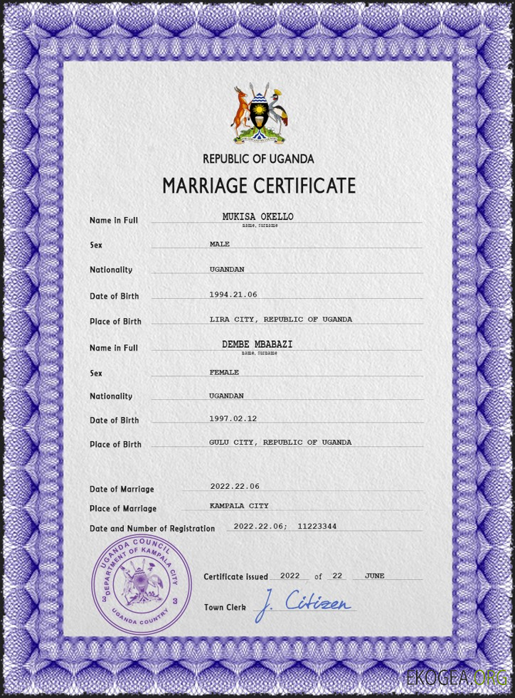 Modèle PSD de certificat de mariage ougandais